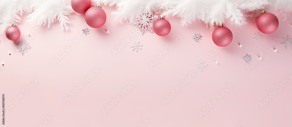 Poster happy new year and christmas day top view flat lay composition decoration snow white on pink backgro
