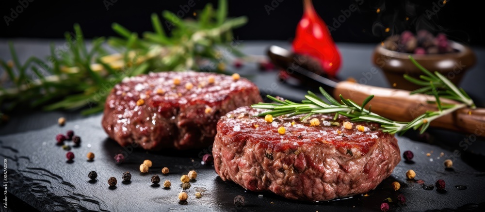 Aufkleber raw beef burger cutlets with rosemary and spices on a slate board on a concrete background. copy spa