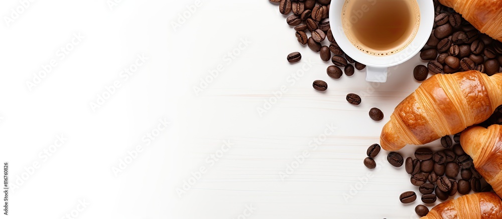 Poster fresh croissant and coffee cups isolated on white background breakfast concept creative layout top v
