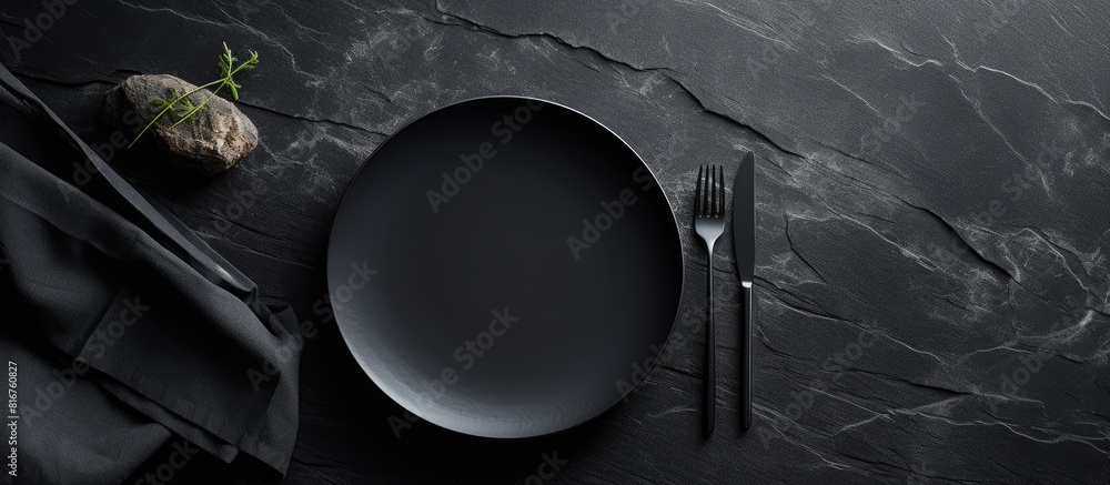 Aufkleber A table with a dark stone surface showcasing an empty black plate surrounded by a white napkin This copy space image is suitable for a food background menu or recipe It depicts a table setting captur