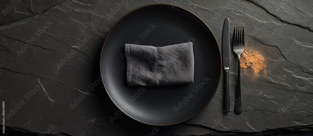 Poster A table with a dark stone surface showcasing an empty black plate surrounded by a white napkin This copy space image is suitable for a food background menu or recipe It depicts a table setting captur