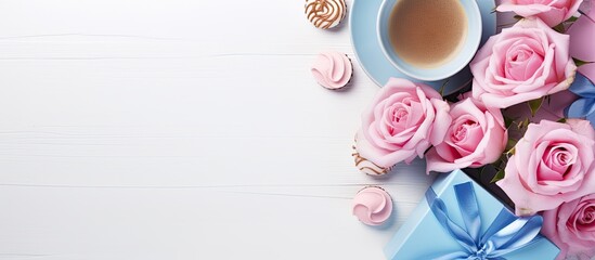 Coffee cup with blue gift boxes collection and pink roses on a white background in flat lay style Top view. copy space available - Powered by Adobe