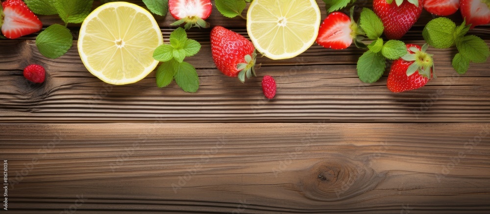 Poster A refreshing summer concept with a fresh lemonade adorned with strawberries lime and mint on a wooden background allowing for copy space