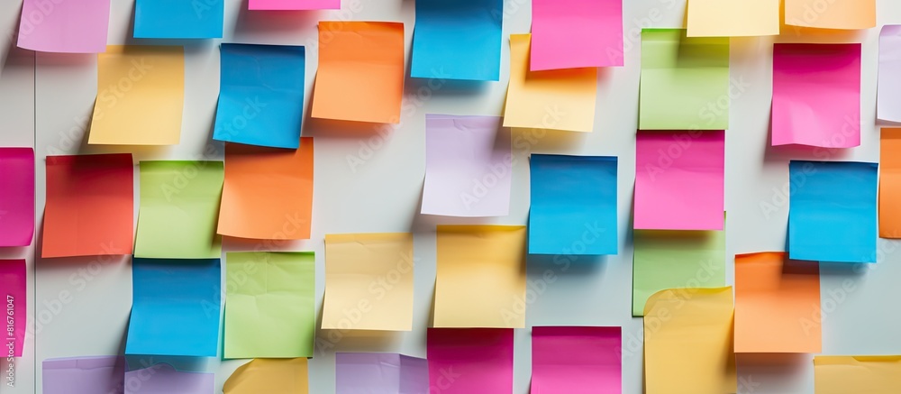 Poster colorful stickers for notes pinned on a collection of sheets creating a vibrant copy space image