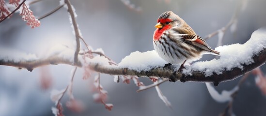 Common Redpoll bird male perched on a branch in the winter. copy space available
