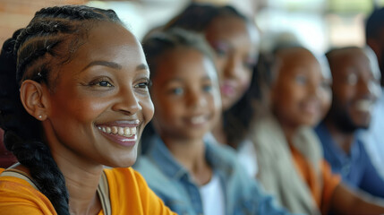 A modern South African parents attending a parent's meeting at school for their child. They are happy and excited to hear from the teacher in a classroom in a township school. Generative AI.