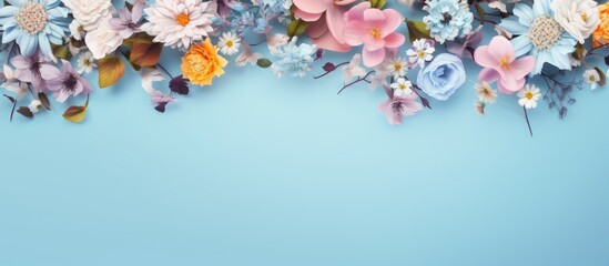Pastel colored flowers on a blue background. copy space available