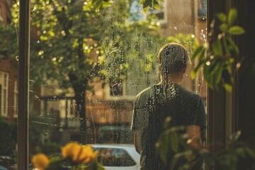 Thoughtful individual peers out a window speckled with raindrops, captured in a warm, sunlit ambiance