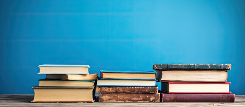 Close up of a pile of old open novel books on a wooden table with copy space on blue