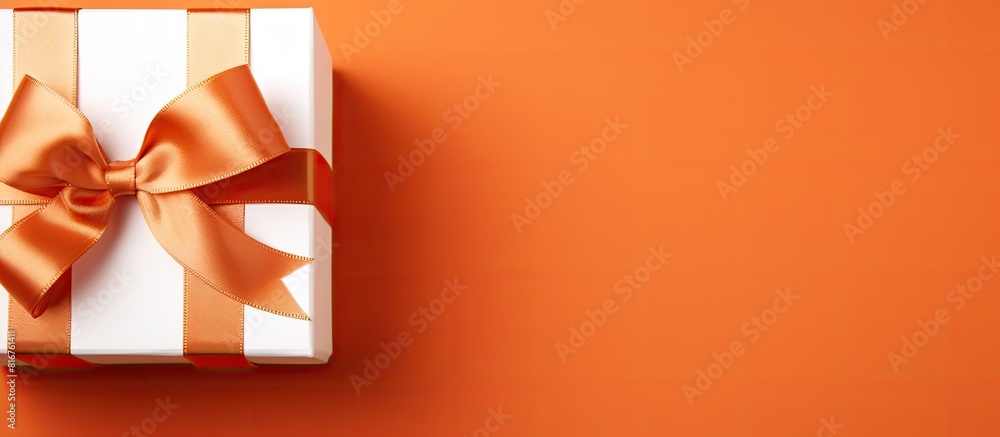 Poster top view christmas present box with white bow on orange background with copy space