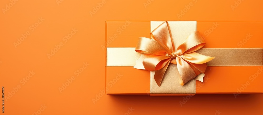 Poster top view christmas present box with white bow on orange background with copy space