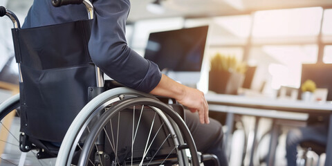 Obraz premium Disabled person using wheelchair in office environment. Man with disability working on his laptop in the office. Independence and adaptability in a modern work environment.