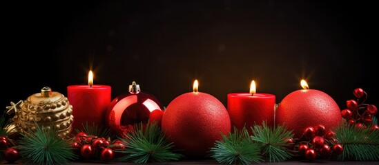 Christmas red balls candles spruce branches wreath and snowflakes on a dark background Decoration for a New Year s holiday with a copy space