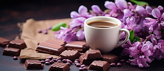 Chocolate candies in flower shape with violets and cup of coffee Holiday food concept with copy...