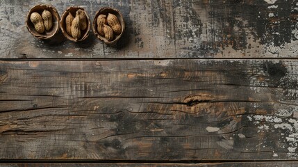 Peanuts in shells arranged on an antique wooden surface - Powered by Adobe