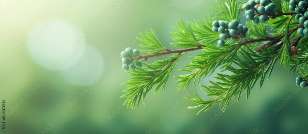 Poster green thuja tree branches background juniper wish berries background close up close up. copy space a