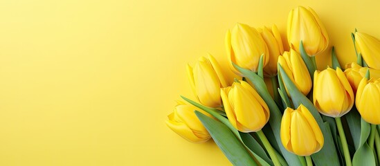 A copy space image of bright yellow tulips arranged in a beautiful bouquet