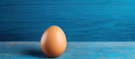 brown raw chicken egg in shell on old blue wooden background Close up top view. copy space available