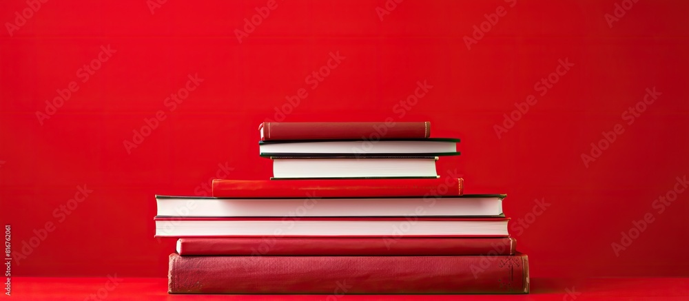 Aufkleber a stack of hardcover books on a red background copy space