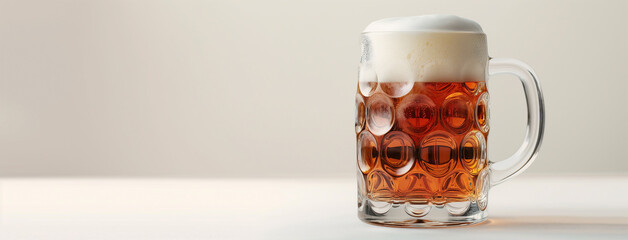 isolated golden yellow color transparent glass alcohol mug with handle, full of beer and foam on a white empty mockup background 