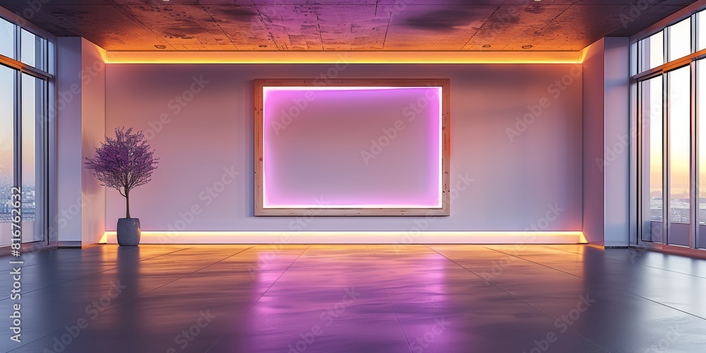 Poster modern design with a wooden frame and a lavender light border in a sleek, empty room. generative ai.