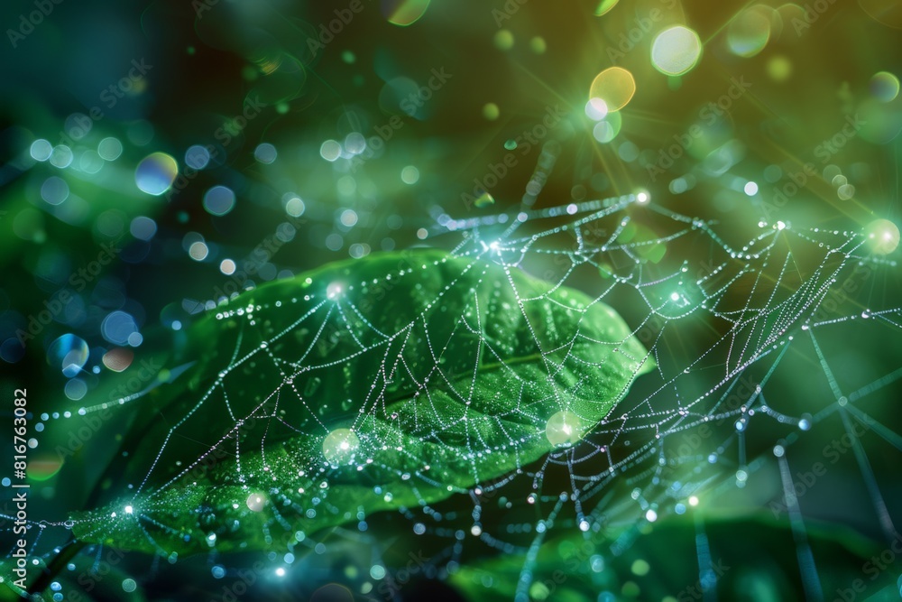 Poster spiderweb with dewdrops on green leaf, illuminated by light. background full of soft bokeh lights, c