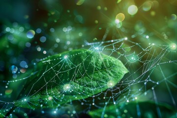 Spiderweb with dewdrops on green leaf, illuminated by light. Background full of soft bokeh lights, creating ethereal atmosphere. Captures delicate balance between nature's elements,