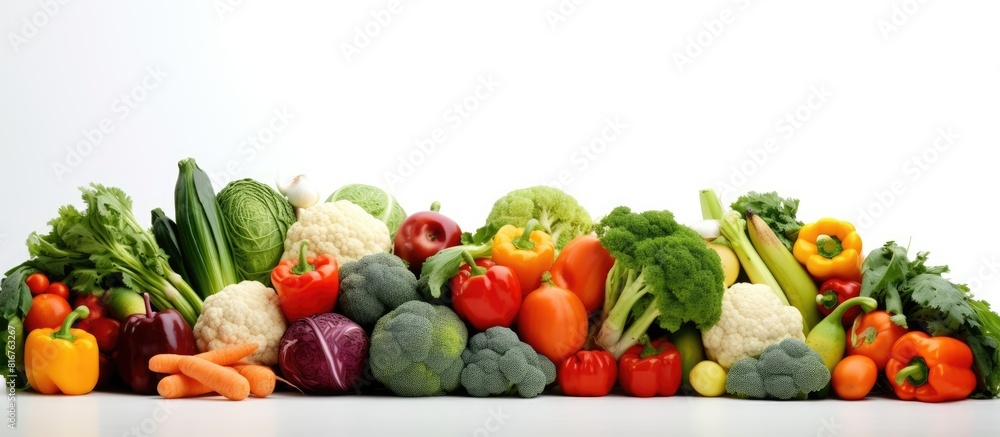 Poster A pile of assorted fresh vegetables is shown in a copy space image set against a white background