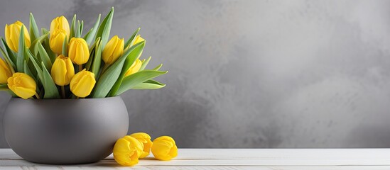On a gray background there is a copy space image featuring a wooden bowl filled with Easter eggs and a bouquet of vibrant yellow tulips placed on a white wooden surface - Powered by Adobe