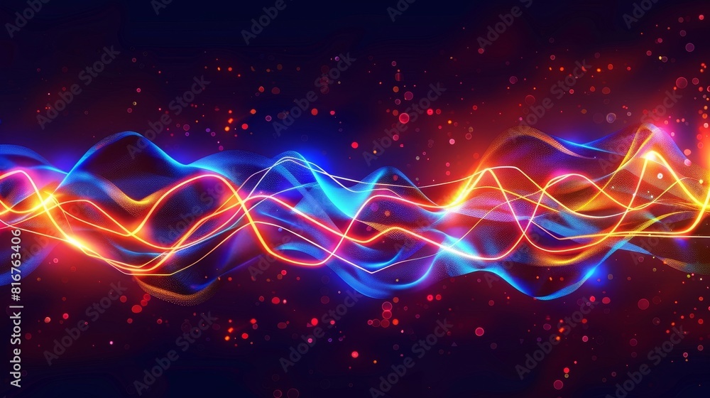 Poster neon audio voice frequency wave and abstract sound light modern background. radio pulse effect curve