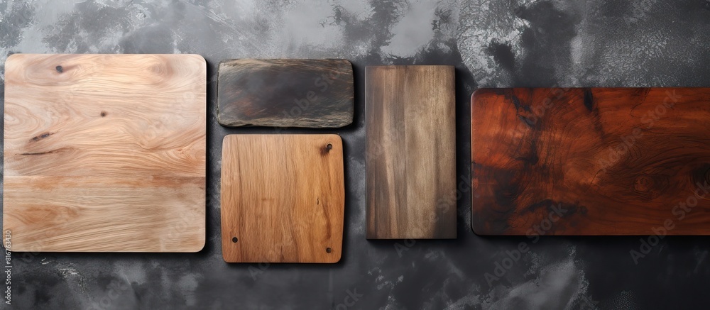 Aufkleber aged wood cutting board set top view flat lay with copy space for text or your product on gray stone