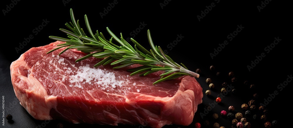 Poster a raw steak on a dark background accompanied by fresh rosemary copy space is available for text