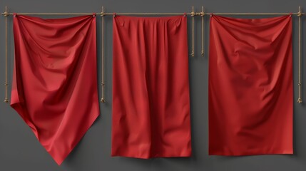 Red canvas banner mockup. Horizontal fabric flags, textile sheet hanging on ropes. Scarlet cloth placards with folds isolated on transparent background, modern realistic set.
