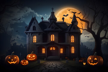 Fototapeta premium Halloween night background with pumpkin, old house for historical purposes. Haunted castle with cemetery and icons in Halloween scene design.