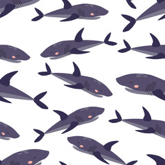 Seamless pattern of cartoon purple shark on a white background. Vector illustration for children's wallpaper, textiles, packaging.