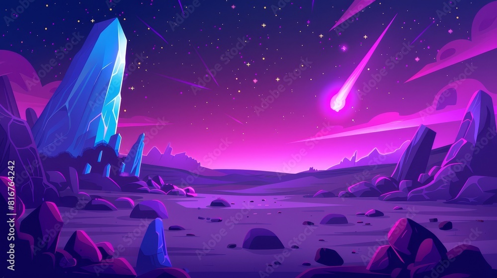Poster an alien planet cartoon space landscape with a pink meteor. a beautiful rock desert ground backgroun