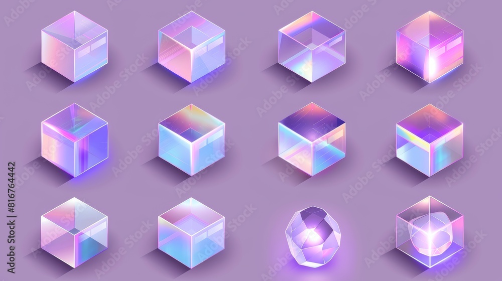Aufkleber a shiny 3d crystal light holographic glass cube isolated on a gray background. this geometric transl