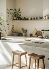 Minimalist white kitchen interior with an island, wooden chairs, utensils, cups, jars neatly arranged on a shelf. Interior design concept.