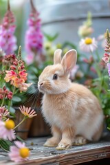 A cute rabbit sitting on a wooden table with blooming flowers in the background, soft focus, natural light, closeup shot