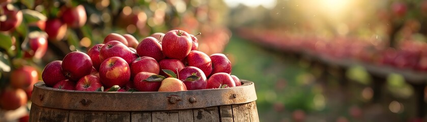 Basket of apples on a wooden barrel in an apple orchard