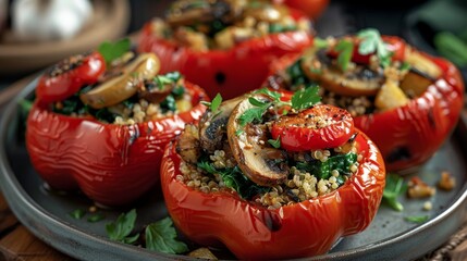 Roasted Red Bell Peppers Stuffed with Quinoa, mushroom, spinach. Generative AI. - Powered by Adobe