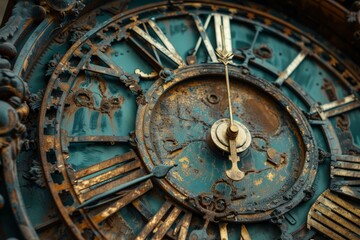 Detailed view of a vintage clock face with rust and intricate metalwork