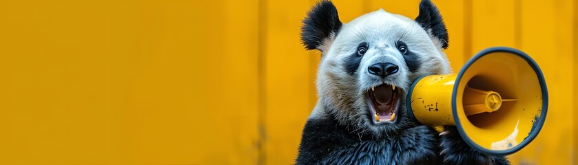 Exuberant panda roaring into a yellow megaphone, vibrant yellow background, fullfrontal view