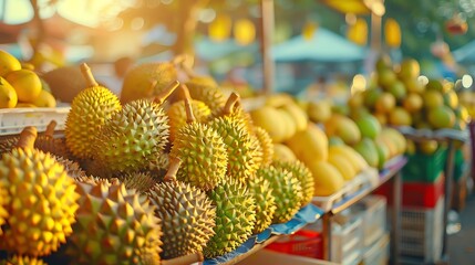 Fresh durians at outdoor market morning light depthoffield closeup tropical scene
