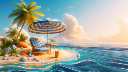 Summer vacation concept, Banner of beach chairs and accessories on the beach, 3d illustration