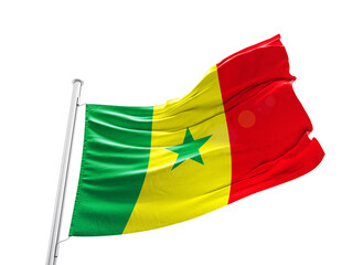 Senegal waving flag with mast on white background with cutout path.