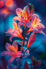 Glowing neon flowers in a mystical garden, vibrant colors, soft focus, lowlight scene