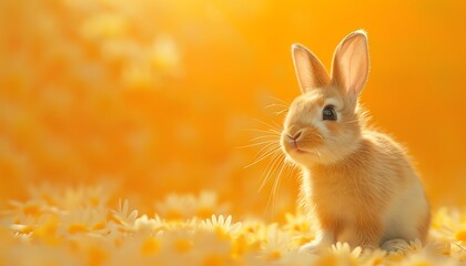 Happy bunny standing against a warm orange background playful and adorable closeup