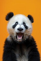 Surprised panda against an orange background, expressive and playful