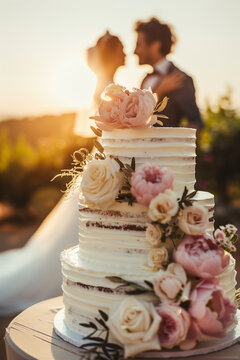 Beautiful traditional wedding cake decorated with flowers in outdoor wedding venue, with bride and groom on the background.